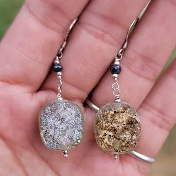 Ancient chunky Roman glass iridescent blue bead 925 sterling silver earrings - Picture 10 of 15